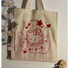 Hello Kitty Tamagotchi, Screen Printed Bags, Sanrio Tote, Diy Tote Bag Design, Anime Tote Bag, Handpainted Tote Bags, Handmade Packaging, Diy Bag Designs, Painted Tote