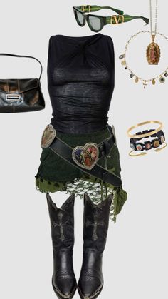 Acl Outfit Ideas, Boho Outfits Festival, Coachella Fits 2024, Rainy Day Concert Outfit, Nessa Barrett Concert Outfit, The Marias Concert Outfit, Chromakopia Outfit, Y2k Outfit Layout, Green Day Concert Outfit