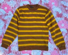 "This listing is for a vintage 1970s Sears Student Label yellow, brown and black striped pullover sweatshirt. This sweatshirt is so cool and is in good vintage condition! Sweatshirt is so soft and has great stripes. Sweatshirt does have some lived in condition issues including some areas of discoloration (please see photos). Label reads Sears Student size large chest 32\"-33\" Orlon acrylic. Please check measurements for accuracy. Measurements: (please double where appropriate) chest 15 1/2\" wa Vintage College Sweatshirts, Custom Sweaters, Striped Pullover, University Sweatshirts, Vintage Flare, Yellow Hoodie, Yellow Sweatshirt, Greensboro Nc, Striped Sweatshirts