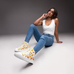 Made for comfort and ease, these "Vintage Lemon" Women's Slip-On high top Canvas Shoes are unique, stylish and the ideal piece for completing an outfit. Equipped with removable soft insoles and rubber outsoles, it's also easy to adjust them for a better fit. * 100% polyester canvas upper side * Ethylene-vinyl acetate (EVA) rubber outsole * Breathable lining, soft insole * Faux leather toe cap * Padded collar, lace-up front Please message me with any questions you may have! *RETURNS & REFUNDS* Pl Retro High-top Custom Sneakers, Trendy Slip-on High-top Sneakers With Rubber Sole, Casual Custom Slip-on Sneakers With Gum Sole, Orange Casual High-top Sneakers With Rubber Sole, Casual Orange High-top Sneakers With Rubber Sole, Casual Orange Sneakers With Vulcanized Sole, Casual Wedge Sneakers With Rubber Sole, Casual Wedge Sneakers With Rubber Sole For Spring, Casual Custom Sneakers With Gum Sole For Spring