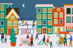 an animated christmas scene with houses and trees