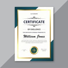 an award certificate template with gold trimming and blue border on the bottom, in front of a gray background