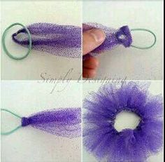 four pictures showing how to make a purple tutule wreath with ribbon and yarn