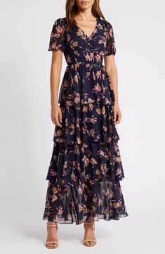 Romantic blooms complement the billowy tiers of this party-ready dress designed with short, subtle puff sleeves. Hidden side-zip closure V-neck Short sleeves Lined 100% polyester Machine wash, dry flat Imported Floral Print Chiffon Dress, Creative Freedom, A Line Dresses, Nordstrom Dresses, Chiffon Dress, Puff Sleeves, Side Zip, Floral Dress, Tulips