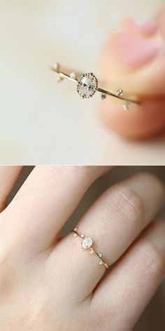 two different views of a woman's hand with an engagement ring on top and the other