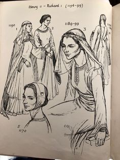 13th Century Fashion, 14th Century Fashion, 14th Century Clothing, Middle Ages Clothing, Adult Coloring Designs