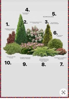 a garden with different types of trees and shrubs on it's sides, including the numbers