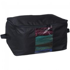 a black bag with multicolored stripes on it