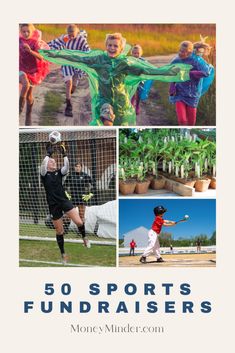 the cover of 50 sports fundraisers, with photos of children playing soccer and running