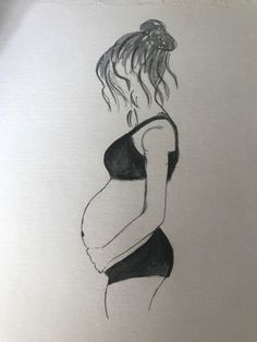 a black and white drawing of a pregnant woman