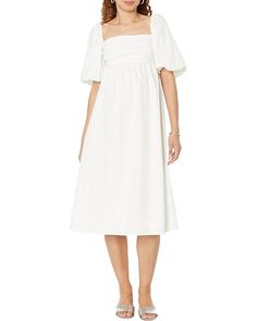 Women's MANGO Mikonos-H Dress A-line Dress With Pleated Sleeves For Brunch, Chic Knee-length Puff Sleeve Dress For Day Out, Cotton Dress With Elastic Sleeves And Square Neck, Midi Dress With Smocked Back For Day Out, Elegant Cotton Midi Dress With Gathered Neckline, White Ruched Midi Dress With Straight Neckline, White Midi Dress With Ruched Detail And Straight Neckline, Midi Dress With Gathered Neckline For Day Out, Spring A-line Puff Sleeve Dress With Smocked Bodice