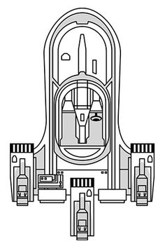 an image of a space station in the form of a spaceship, with two engines and three