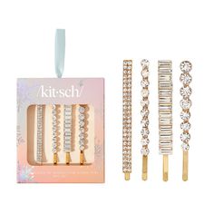 Effortlessly elevate your hairstyle with this chic and functional Kitsch All Dressed Up Rhinestone Bobby Pins 4-pc. Set. Effortlessly elevate your hairstyle with this chic and functional Kitsch All Dressed Up Rhinestone Bobby Pins 4-pc. Set. WHAT'S INCLUDED Four bobby pinsDETAILS Small: 0.24" x 2.76" x 0.24"; medium: 0.20" x 2.76" x 0.36"; large: 0.28" x 2.76" x 0.42"; rectangular baguette 0.43" x 2.72 " x 0.40" Weight: 0.935-oz. Zinc alloy, glass, iron 3 years and up Spot clean Imported Model n Bangs And Short Layers, Rhinestone Bobby Pins, Style Bangs, Skin Care Toner Products, Short Layers, How To Style Bangs, Gold Pin, Your Hairstyle, Holiday Hairstyles