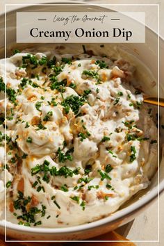 creamy onion dip in a white bowl with parsley on top and the title overlay