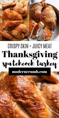 thanksgiving dinner with turkey and crispy skin, juicy meat in the background text overlay reads crispy skin + juicy meat thanksgiving splath