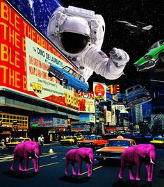 an astronaut floating in the air over a city filled with cars and neon pink elephants