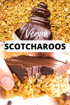 vegan chocolate and oatmeal bars with text overlay that reads vegan scotcharoos