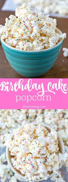 birthday cake popcorn in a blue bowl with sprinkles on top and pink background