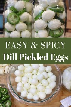 two glass jars filled with pickled eggs on top of a cutting board next to green peppers