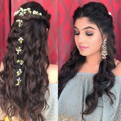 two pictures of a woman with long dark hair and flowers in her hair, one is wearing