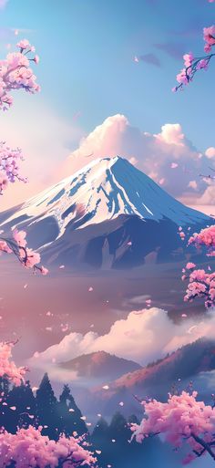 a mountain covered in pink flowers under a blue sky with clouds and trees around it