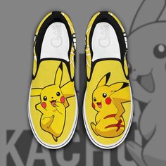 All of our Anime Shoes are custom made-to-order and handcrafted to the highest quality standards. Made of comfortable primary material. High-quality rubber outsole and canvas upper, tough enough to withstand daily wear and tear. Natural rubber outsole offers traction and durability. Cushioned footbed provides sustained comfort for all-day wear. Elastic goring on each side of the instep. Slip-on style, easy on and off. Designed by GearAnime Please allow 10-15 business days to receive a tracking n Pikachu Shoes, Custom Pokemon, Anime Sneakers, Pokemon Anime, Shoes Diy, Pokemon Pokemon, Anime Shoes, Sneaker Stores