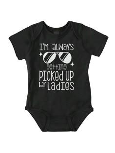 Attitude Baby Boy Graphic One Piece Bodysuit Cute Cool Sunglasses Funny Saying Sarcastic Humor I'm Always Getting Picked Up By Ladies Joke Casual Everyday Soft Cotton Printed Cap Sleeve Lap Neck Romper Baby Clothes Brisco Brands Black   Short Sleeve Fabric Graphic,Letter,Slogan Tee Medium Stretch All Baby Boys Clothing, size features are:Bust: ,Length: ,Sleeve Length: Black Cotton Onesie For Summer, Fitted Black Onesie For Summer, Summer Letter Print Bodysuit For Playtime, Summer Bodysuit With Letter Print For Playtime, Boy Onesie Ideas, Funny Fitted Black Onesie, Black Summer Onesie For Playtime, Baby Boy Onsies Cricut Funny, Boy Onsies