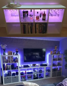 the entertainment center is lit up with purple lights and shelves filled with liquor bottles, books, and other items