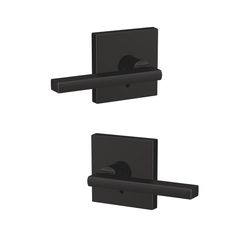 The Schlage Custom Latitude Matte Black Dummy Door Lever with Collins Trim is uniquely designed with premium style in mind, featuring low profile trim and concealed screws for a more polished look. Schlage Custom dummy hardware comes in pairs, making it perfect for French doors. The Latitude lever offers a crisp perspective on minimalist design with its clean lines and rectangular features, while the Collins trims strong lines and square shape embody refined elegance. The striking appearance of Black Knob Door, Black Interior Doors With Black Door Knobs, White Interior Doors With Black Door Knobs, Interior Door Hardware The Home Depot, Shaker Door Black Hardware, Dark Door Knobs White Doors, Door Knobs Modern Farmhouse, White Indoor Doors Black Handle, Door Knobs Versus Handles