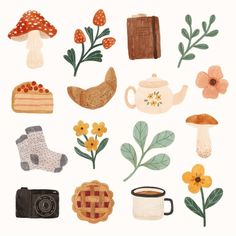 an illustration of various items that include flowers, leaves and other things to make it look like