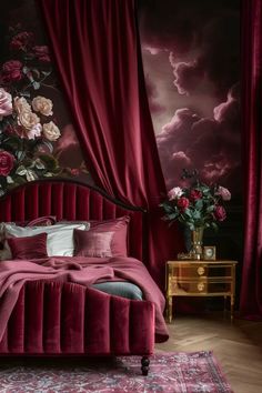 Cozy Art Deco bedroom featuring warm burgundy and gold color scheme Art Deco Bedroom Design, Maroon Room, Cozy Farmhouse Bedroom, Faux Walls, Japandi Living, Boho Bathroom Decor, Contemporary Art Deco, Art Deco Bedroom, Rustic Bathroom Designs