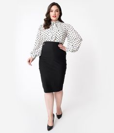 Grab the wheel and drive their hearts to the edge, dolls! Give your curvy silhouette the advantage with a breathtaking black plus size wiggle skirt, fresh from Unique Vintage. The Tracy Skirt is a thrilling separate crafted in a luscious black stretch fabric that showcases your feminine form by clutching curves as you make your move. The banded high waist nips in your figure and the paneled hips provide flattering pin-up style while the sexy pencil skirt glides to your knees. An adorable pleated Plus Size Business Fall, Plus Size Office Wear Business Casual Dresses, Plus Size Professional Walmart, Office Wear Size 12, Plus Size Work Wear Smart Casual, Office Attire Women Plus Size Work, Plus Size For Work, Plus Size Business Attire 2022, Plus Size Teacher Capsule Wardrobe 2022