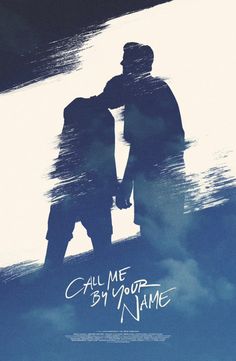 two people standing next to each other in front of a blue and white background with the words call me by your name