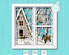 an image of a window with snowflakes and owls in the wintertime scene