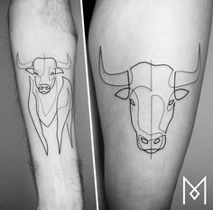 two tattoos with bulls on their legs