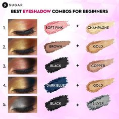 SUGAR Cosmetics on Instagram: "We know you like stunning eyeshadow combos, so here are some more 💯 .⁠ .⁠ #TrySUGAR #SUGARCosmetics #LearnWithSUGAR #EyeMakeup #EyeshadowCombos #MakeupGuide" Eyeshadow Combinations Color Combos, Eyeshadow Color Combinations, Colourful Eyeshadow Looks, Natural Eye Shadow Looks, 2 Color Eyeshadow, Makeup Combinations, Makeup Notes, Eyeshadow Combinations, Eye Shadow Tips