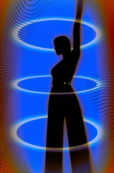 a woman standing in front of a blue and orange background with circles around her body