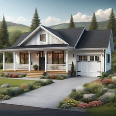 this is an artist's rendering of a house in the country style with front porch