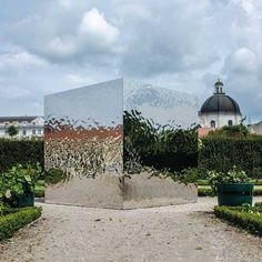 a mirrored cube in the middle of a garden