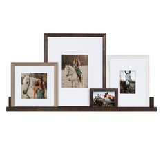 three frames are hanging on a shelf with two horses and one woman in the background