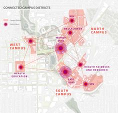 a map with red dots indicating where the campus is located and what it looks like