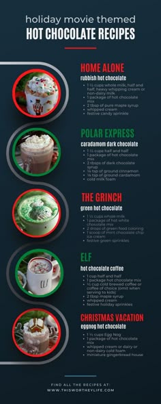 the holiday movie menu for hot chocolates is shown in red, green and white