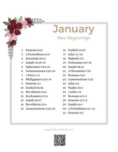 the january new beginnings calendar with flowers and leaves on it, as well as an image of