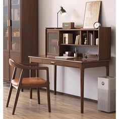 a wooden desk with a chair next to it