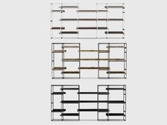 four shelves with different types of shelvings on each shelf and one is empty