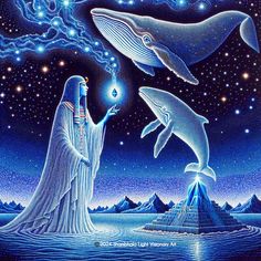 a painting of two dolphins and a woman in front of the ocean, with stars above them