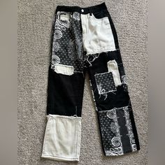 Brand: Shein Size: Medium Color: Black And White Details: Never Worn, Patched Pattern Diy Patch Jeans, Patchy Pants, Half And Half Pants, Custom Black Jeans, Custom Pants Ideas, Pant Patches, Patch Pants Punk, Reworked Pants, Customized Pants