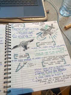 an open notebook with notes and drawings on it next to a laptop computer, water bottle and corkscrews