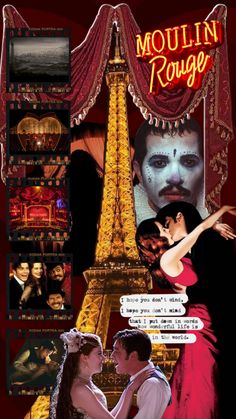 an advertisement for the movie mouliin roulee, with two people kissing in front of the eiffel tower