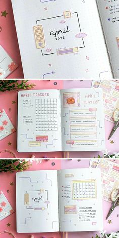 the inside pages of an open planner book on pink paper with gold stars and confetti sprinkles